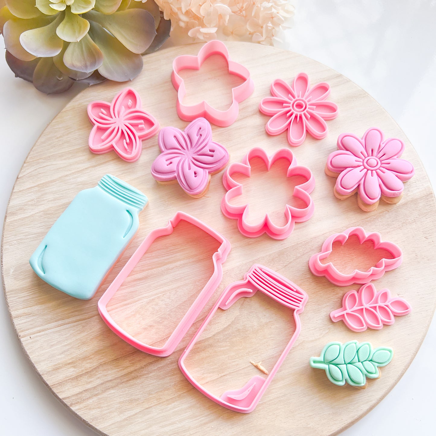 "Mason Jar & Flowers" - Cookie Cutter & Stamp Set (8 pcs)